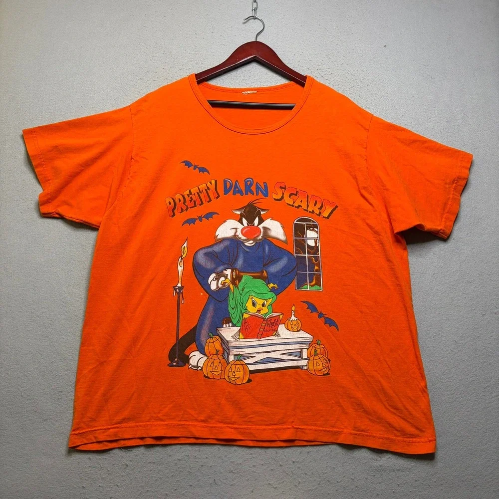 Looney Tunes T-Shirt Mens OSFA Orange Halloween Sylvester Tweety Vintage 90s 2XL